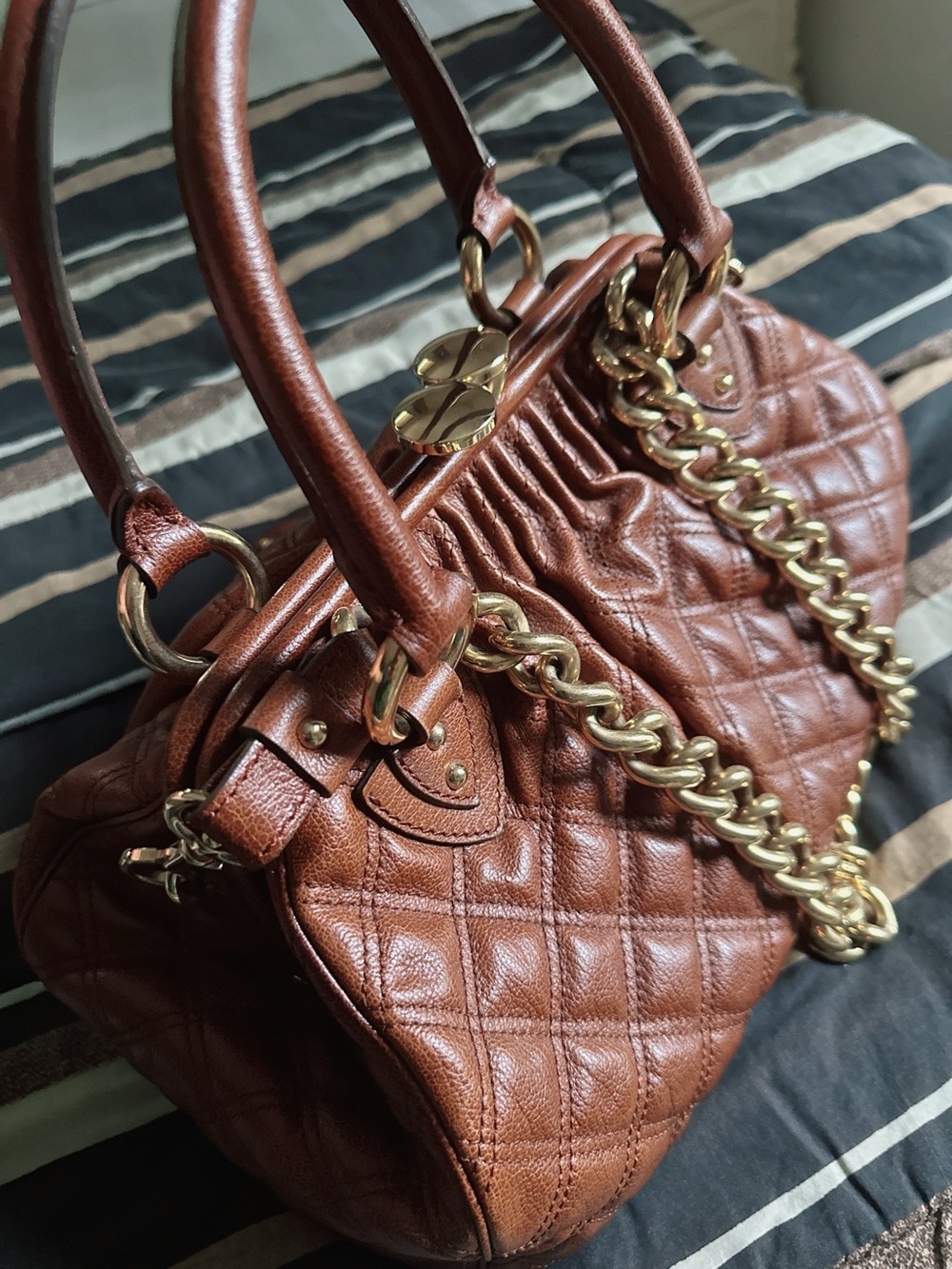 Marc Jacobs Quilted Brown Leather Shoulder Bag with Gold Chain